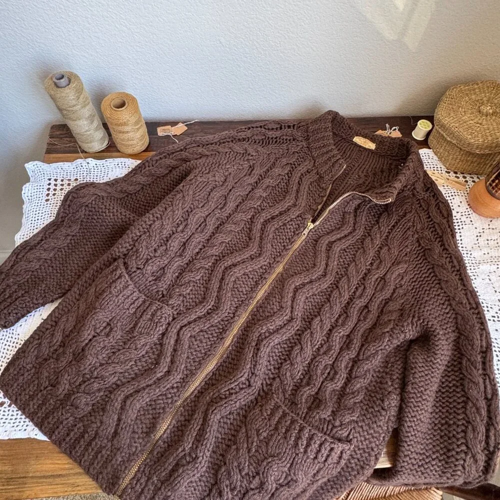Vintage Unique Hand Knit Brown Zippered Fisherman Knit Cardigan - XS-M - Picture 3 of 4